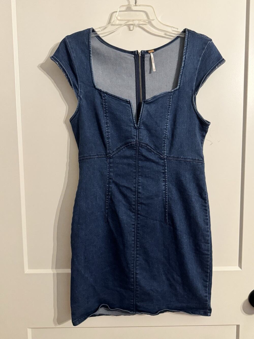 Free People Denim Jean Lia Split Neck Cap Sleeve Blue Mini Bodycon Dress Sz M